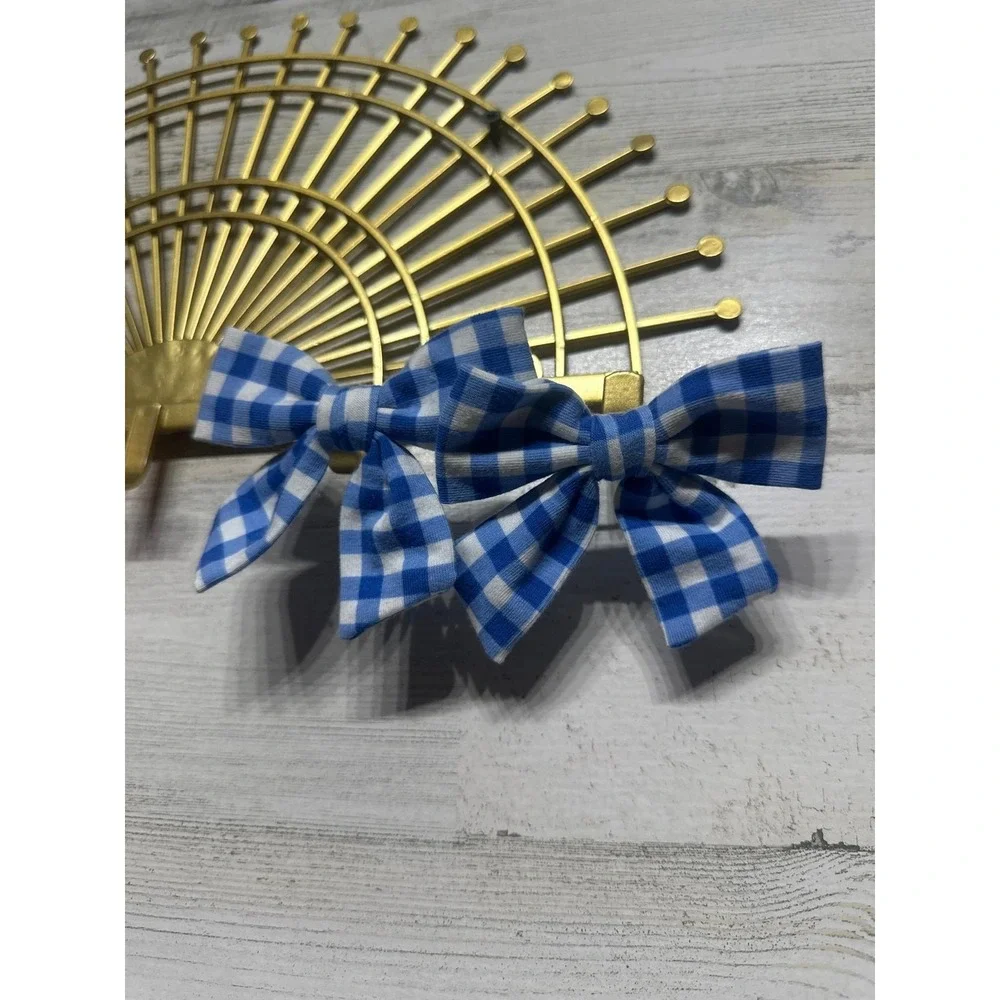 Hair Bow Clips Pigtails‎ Kids Blue Orange Gingham Polka Dot EUC